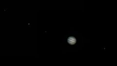 Jupiter and 4 moons, my first ever attempt at planetary imaging.From left to right: Callisto, Europa, Io, Jupiter, Ganymede.