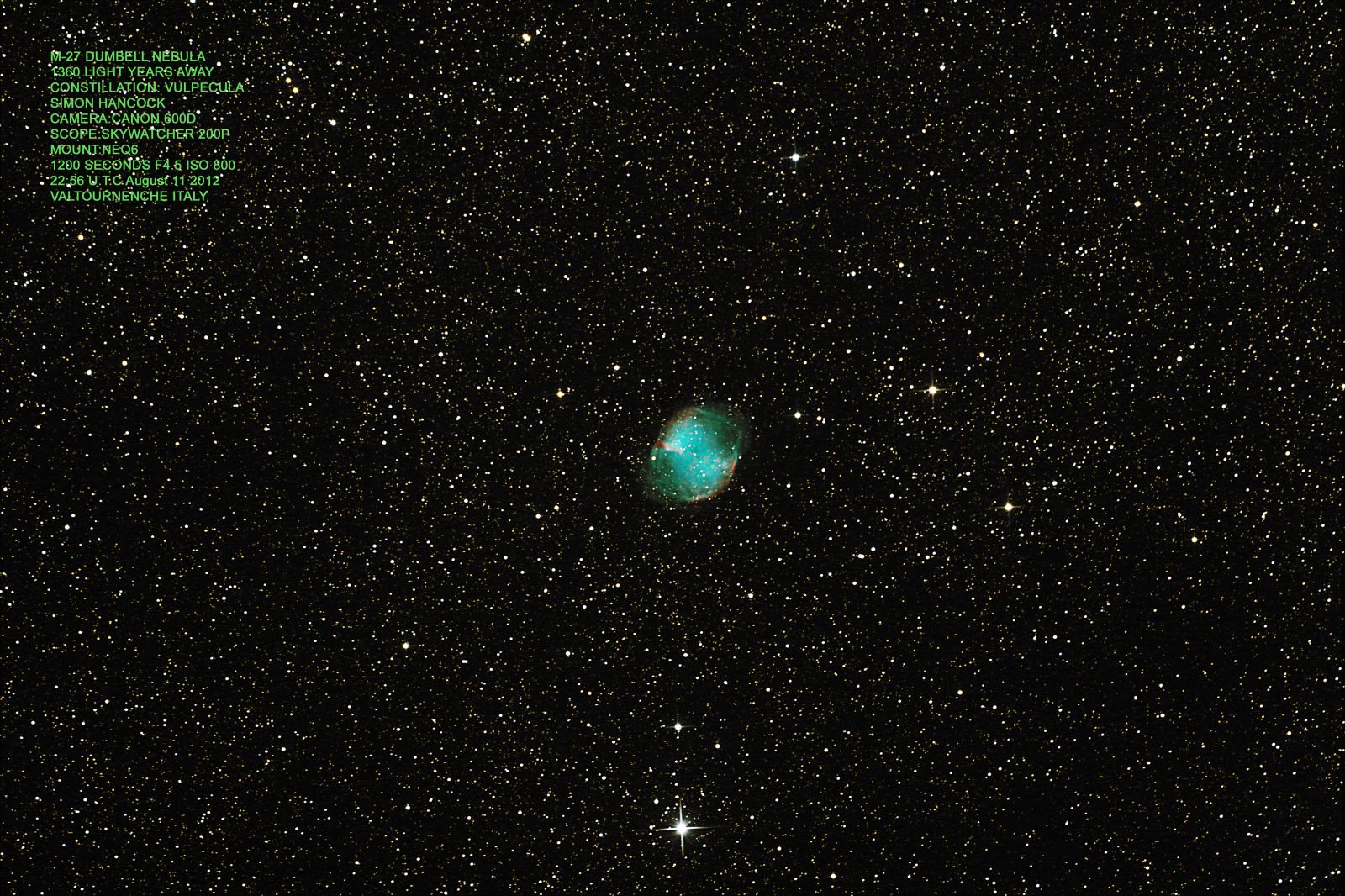 M27 Dumbell Nebula   Hotel Les Rocher Observatory