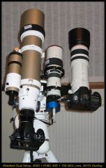 Widefield Imaging Rig, comprising ED80 Pro + Canon 400D (Modded), Canon 50D + Canon EF100-400L IS Lens dual mounted on a HEQ5 Pro mount, guided with QHY5 / 400mm Lens.