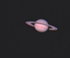First Saturn capture, May 2, 2008. This is the best 1000 of 1500 frames, stacked. C9.25 on G11; 2X PowerMate for f/20; Lumenera Lu-135 camera; 1000 of 1500 frames stacked.