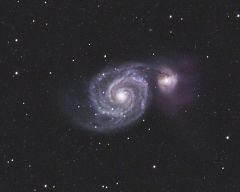 M51, August 2011.  160 minutes of L (1x1), 90 minutes each of RGB (2x2).  QSI583wsg on AT8RC on G11.