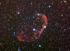 NGC6888 LRGB image, with Red channel enhanced by H-Alpha.
RGB at 180, 120, 180 minutes (2x2), with 160 minutes of H-Alpha, 1x1, added to the Red channel, and 3 hours of Luminance (1x1).
