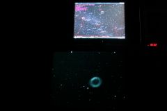 Live feed of M57 the Ring Nebula in Lyra. Stellarium showing location above