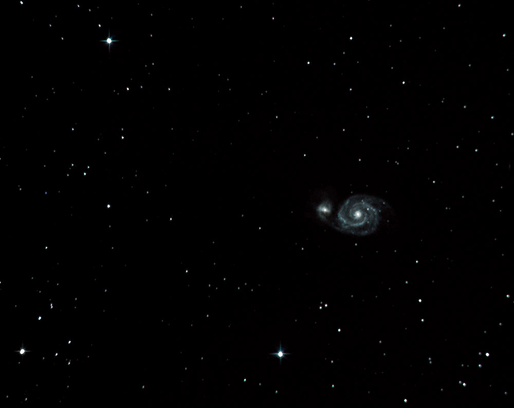 Whirlpool Galaxy and Companion M51 Group...Another first attempt with 60 30-sec exposures...probably not enough, and focusing quite off, but the best we can do without a go-to mount.