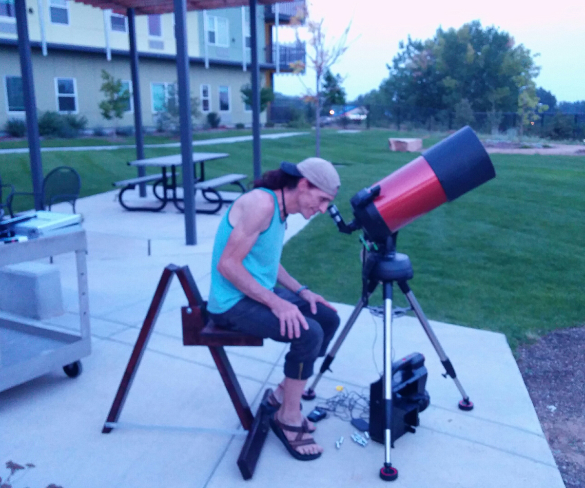 Looking through my newly acquired Celestron nexstar 8SE from the comfort of my newly built Denver observing Chair