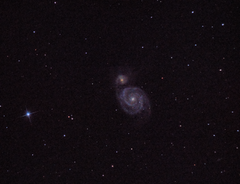 M51 Whirlpool Galaxy. 750mm F/5. 2 min 30 s ISO 800 unguided. Skywatcher 150P and Nikon D3200