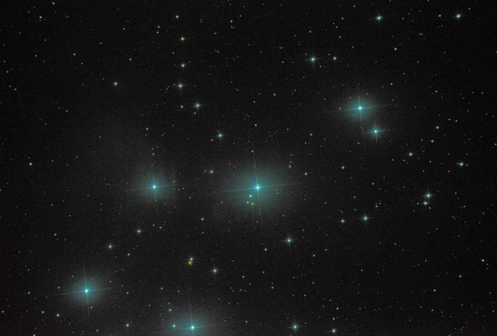 M45 Pleiades - 7 min @ ISO 800. Skywatcher 150P with Nikon D3200. No guiding.