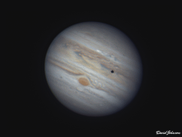 Jupiter, GRS, Oval BA, Io Moon and Shadow Transit, Outbreak 1 animated