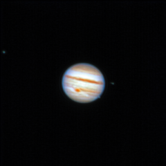 Jupiter and GRS with Ganymede, Europa and Io (left to right). 2022 Sept 24/25 around midnight.