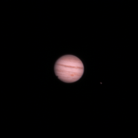 Jupiter with Great Red Spot and shadow transit of Io. 2022 Dec 08, around 9pm UK time.